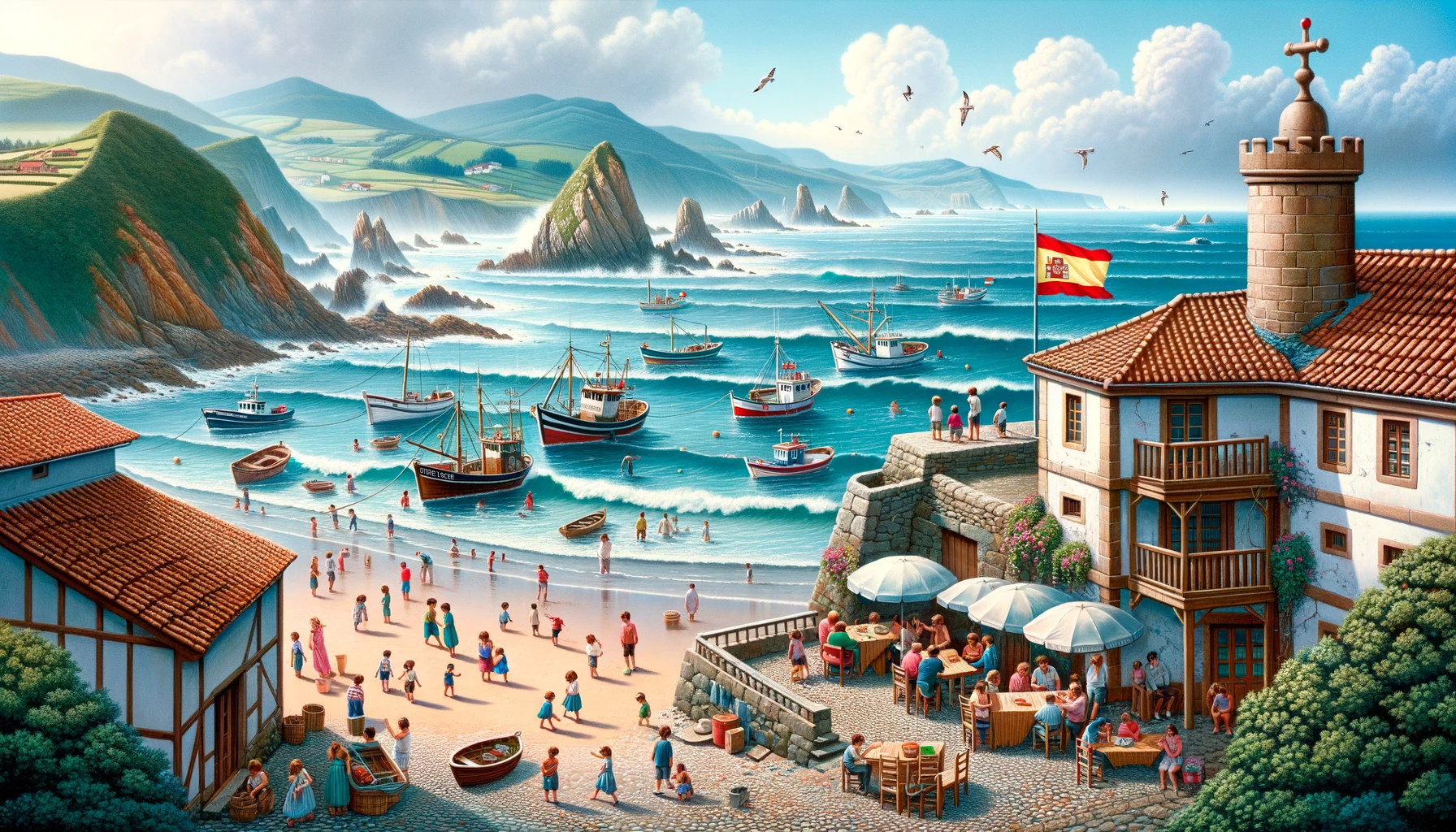 Ilustración de una escena costera donde las costas de Asturias pasan a Cantabria